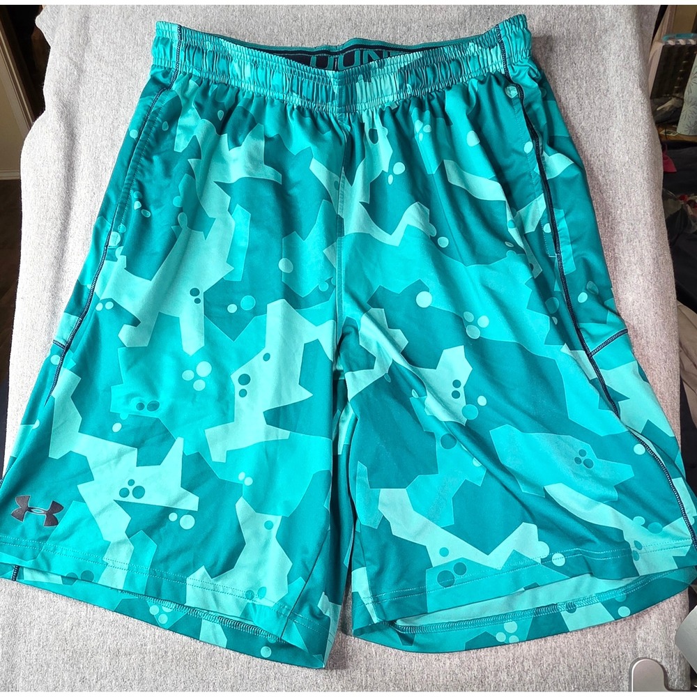 Under Armour HeatGear Mens Large Teal Camo Athletic Training Basketball Shorts